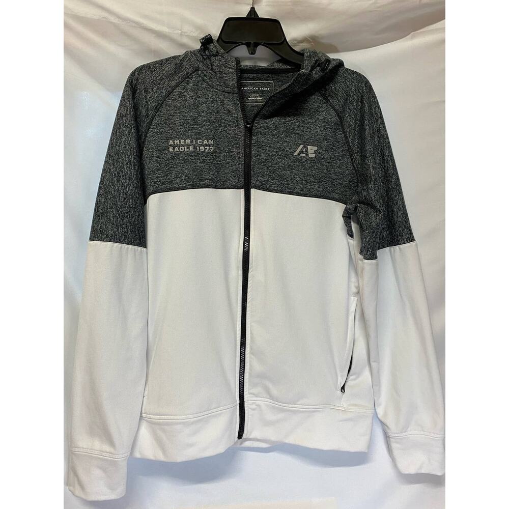 American Eagle Sweat Jacket with Hood Woman's Sz M White & Gray Zip Up